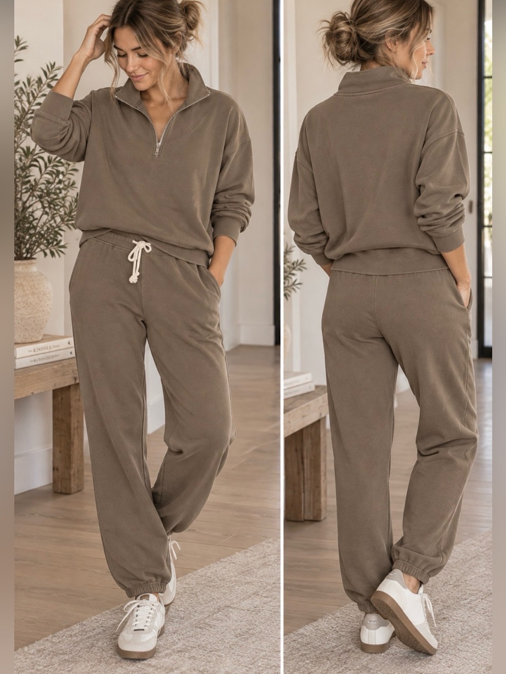 Perfectwhitetee Maren Half Zip top + Johnny Jogger Set Mocha Taupe USA cotton M